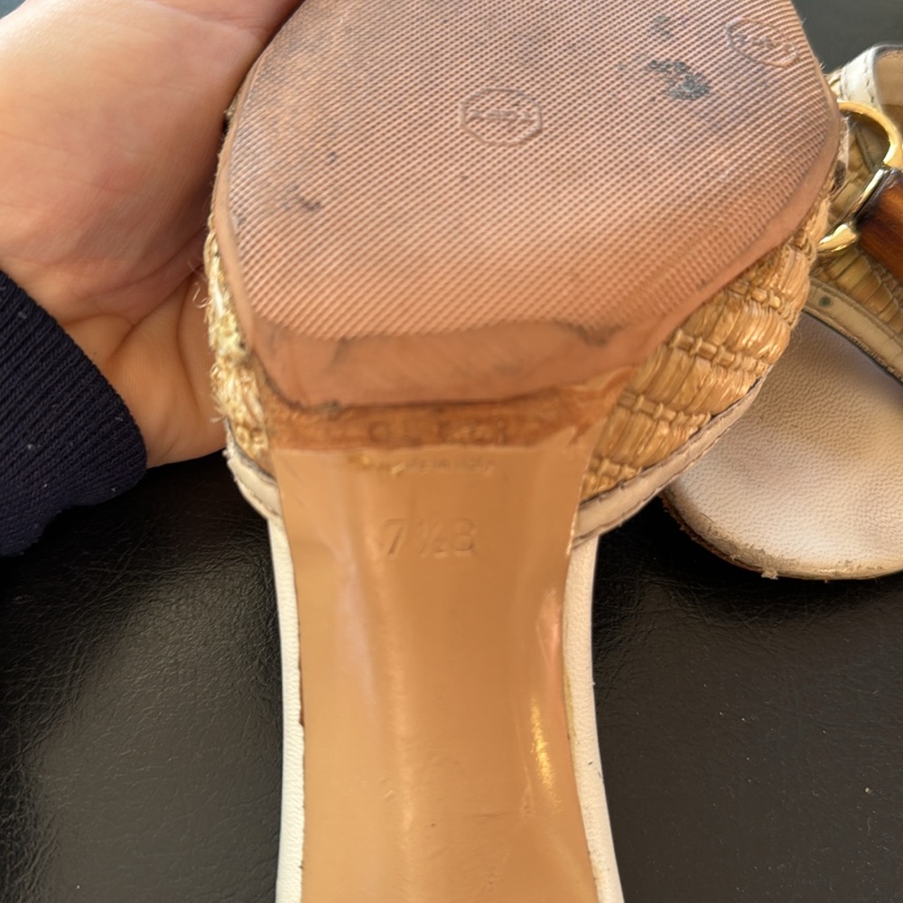 Gucci Brown/Beige Raffia and Leather Bamboo Horsebit Slide Sandals - Picture 4 of 6